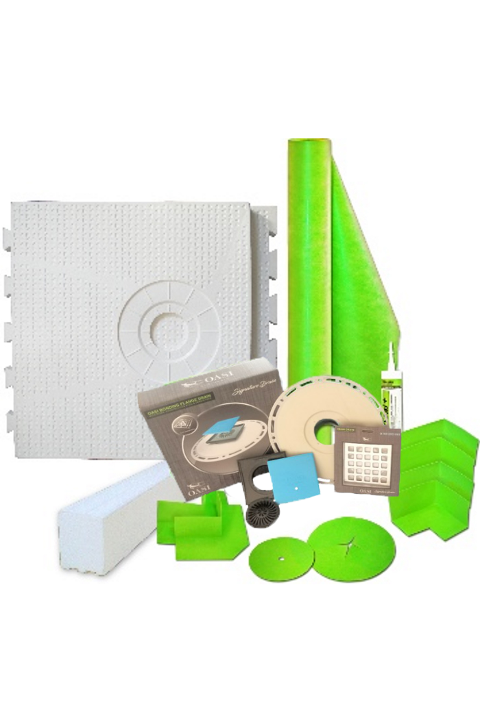 32" x 60" Offset Drain Placement Shower Kit with 110 Sqft Roll, 60" Shower Curb, Corners, Sealant, 4'' Square Drain Kit with Flange, and Drain Grate Included